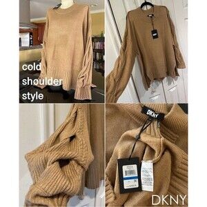 DKNY Mock Neck Split Cold Shoulder Oversized Cozy Sweater Cableknit Sleeve Tunic